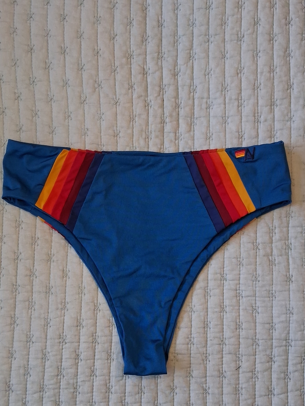 Aviator Nation Islandia Blue Bikini Bottom with Iconic Rainbow Stripes